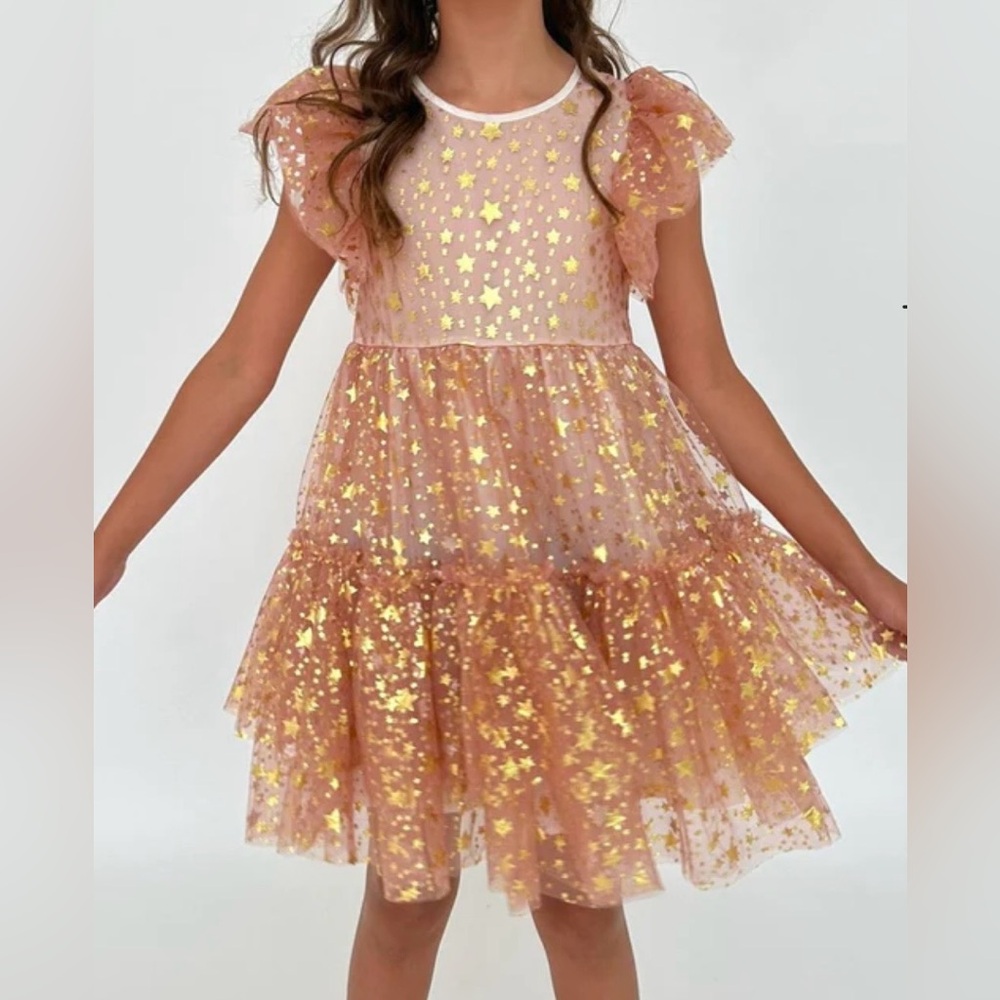 Lola + The Boys Goldie Star Tulle Dress Pink Gold Stars Size 6 - Picture 3 of 8